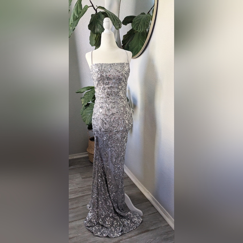 NWT Elegant Silver Sequined Evening Gown